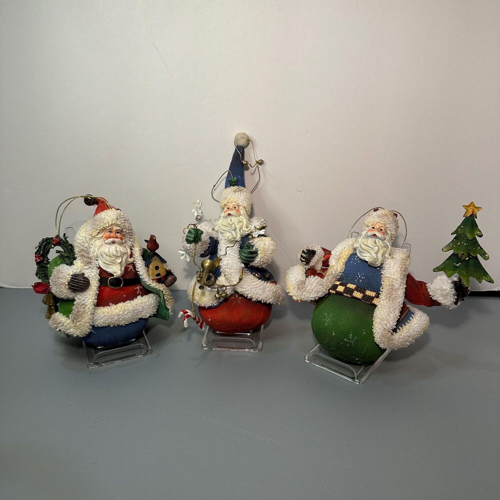 3 Vtg Fabric Mache Rolly Polly Santa Claus Ornaments -READ